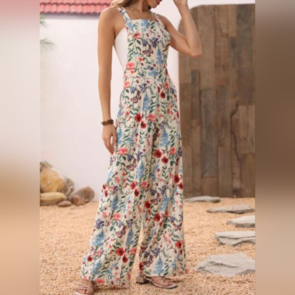 Cream Floral Overalls with Wild Flowers Wide-Leg Design